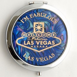 Las Vegas Sign Pearlized Blue Round Compact With Button